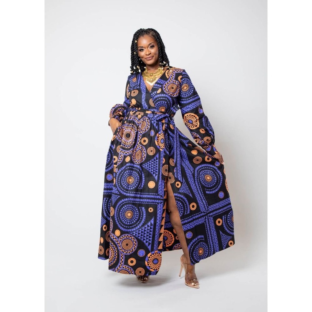 NWT D'IYANU | Ronke African Print Maxi Dress Small Black Purple Orange Geometric